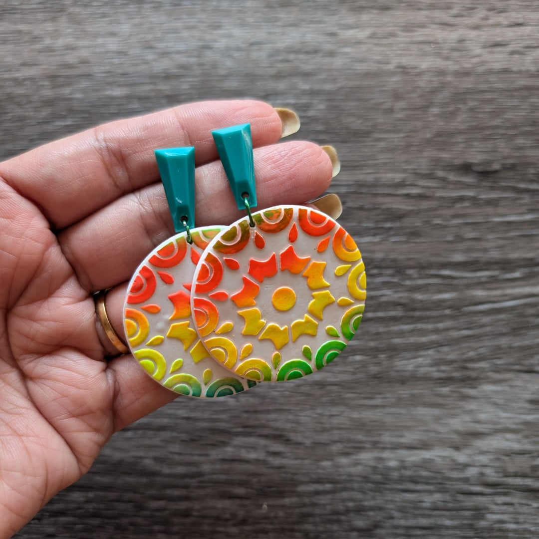 Handmade Multicolor Mandala Polymer Clay Earrings with Vibrant Boho Dangle Design Inspired by Rangoli Art