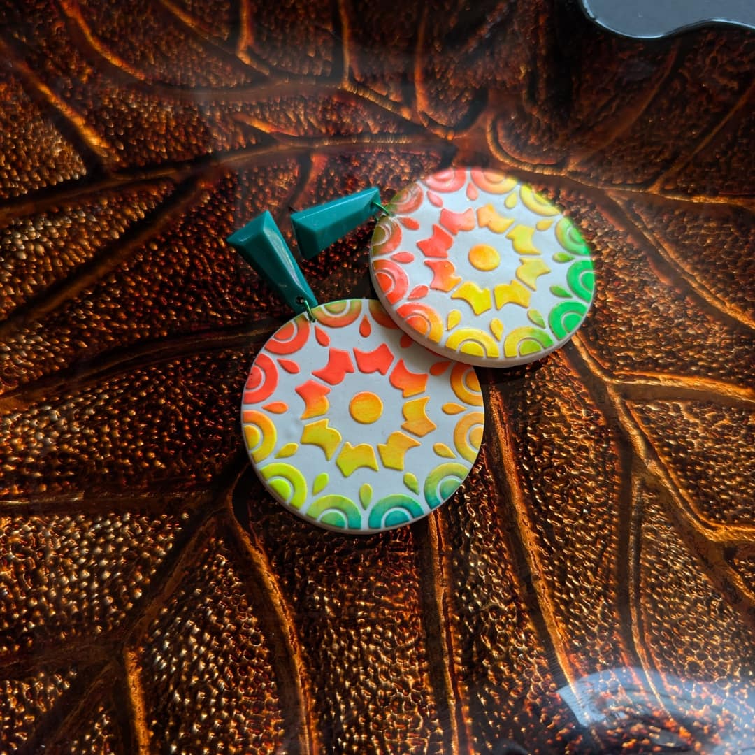 Handmade Multicolor Mandala Polymer Clay Earrings with Vibrant Boho Dangle Design Inspired by Rangoli Art