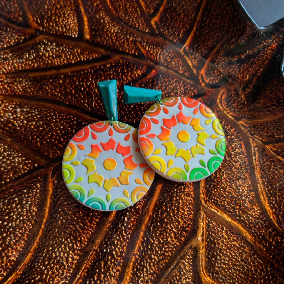 Handmade Multicolor Mandala Polymer Clay Earrings with Vibrant Boho Dangle Design Inspired by Rangoli Art