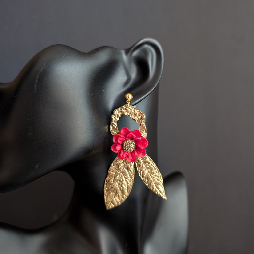 Handcrafted Golden Dawn red floral earrings with gold leaf accents, lightweight and boho-chic design