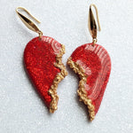 Handmade Red Half-Heart Polymer Clay Earrings with Gold Accents and Resin Layered Finish