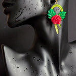 Red Rose Vine Hoop Earrings with green leaves and vine design