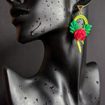 Red Rose Vine Hoop Earrings with green leaves and vine design