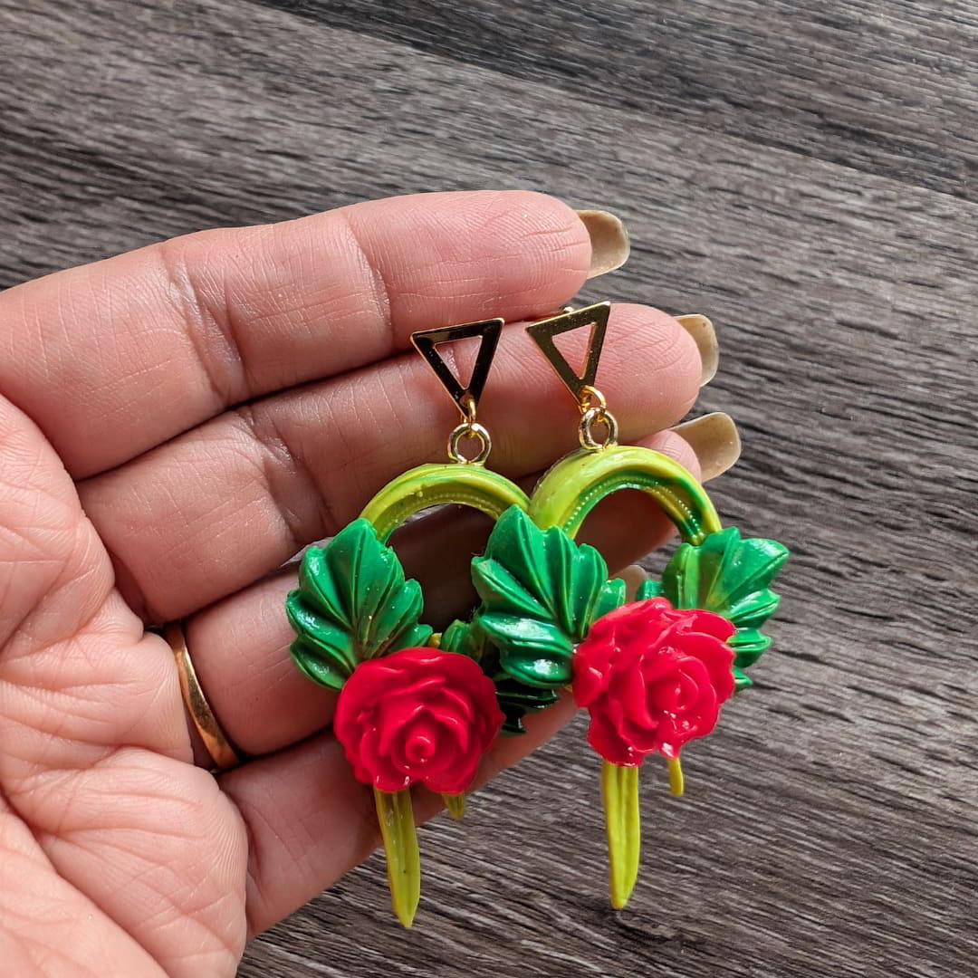 Red Rose Vine Hoop Earrings with green leaves and vine design