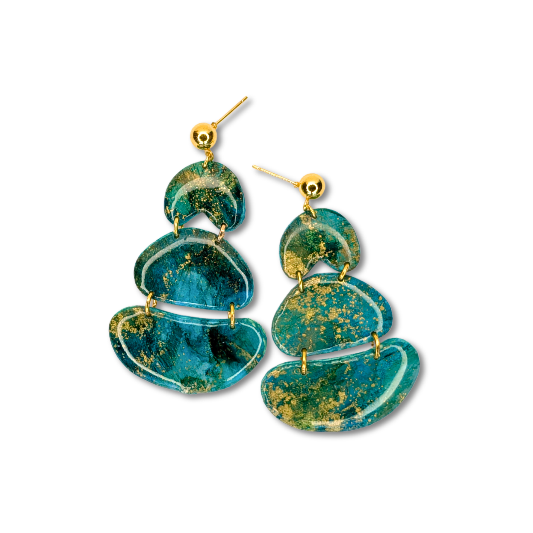 Handcrafted teal ocean-inspired earrings with gold flecks, organic oval shape, and glossy resin finish