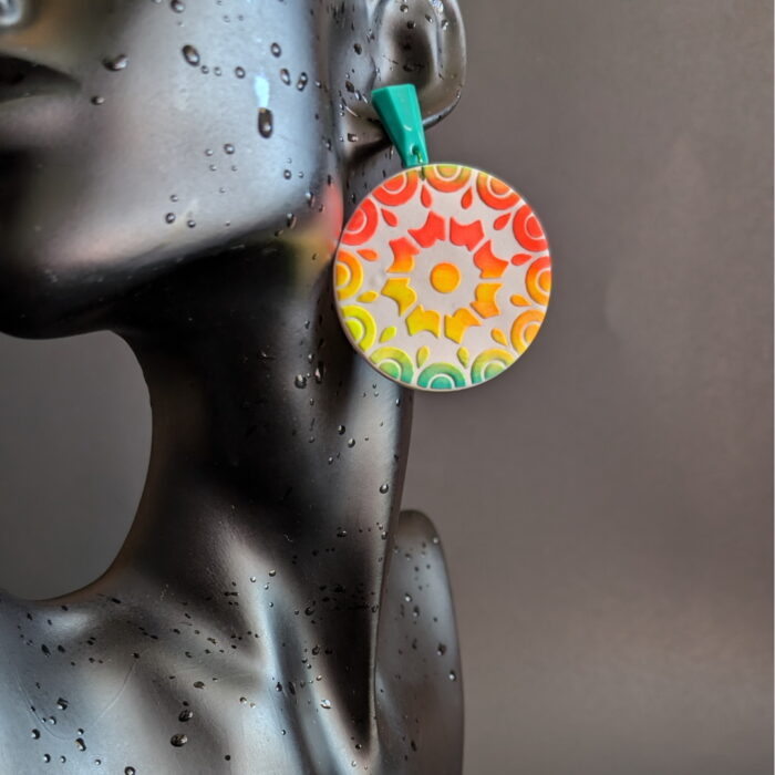 Handmade Multicolor Mandala Polymer Clay Earrings with Vibrant Boho Dangle Design Inspired by Rangoli Art