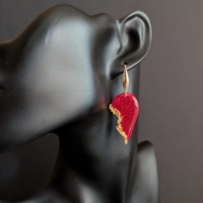 Handmade Red Half-Heart Polymer Clay Earrings with Gold Accents and Resin Layered Finish