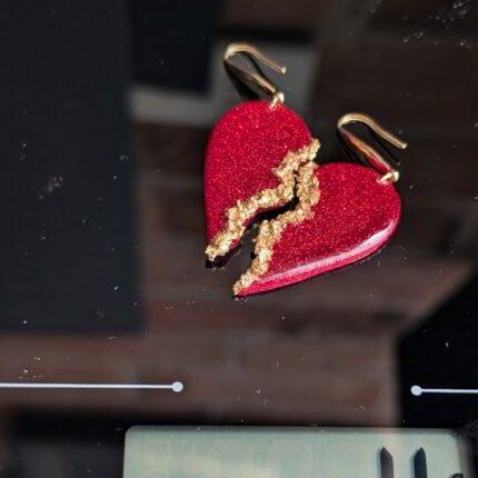 Handmade Red Half-Heart Polymer Clay Earrings with Gold Accents and Resin Layered Finish