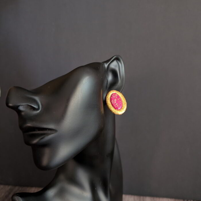 Handmade Red and Gold Oval Polymer Clay Earrings with Golden Foil Accent