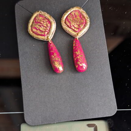 Handmade red and gold textured polymer clay earrings with cracked gold design