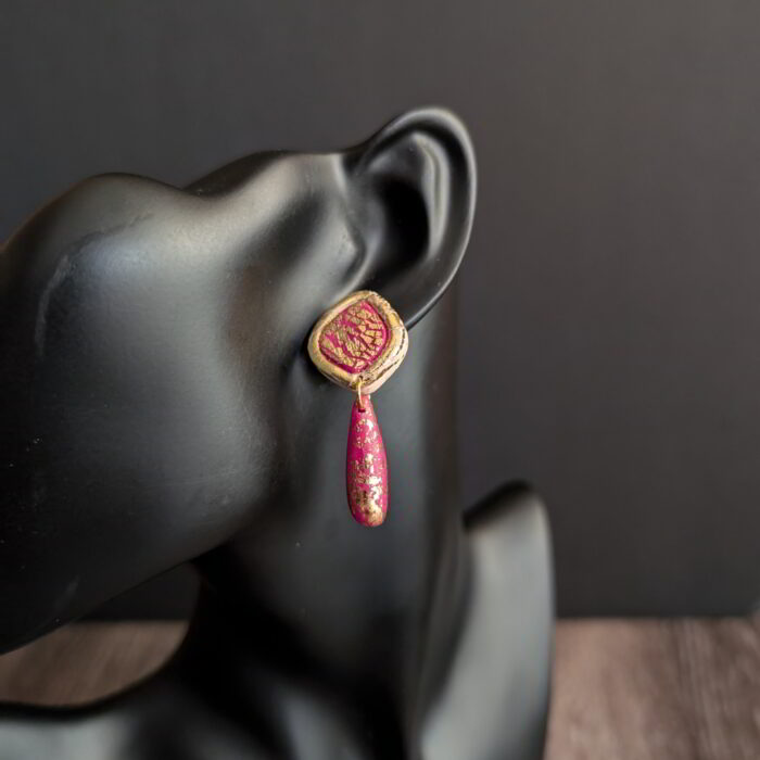 Handmade red and gold textured polymer clay earrings with cracked gold design