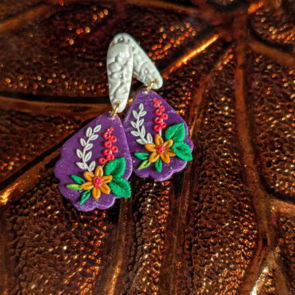 Handmade Floral Teardrop Earrings with textured white stud, purple base, and intricate flower details.