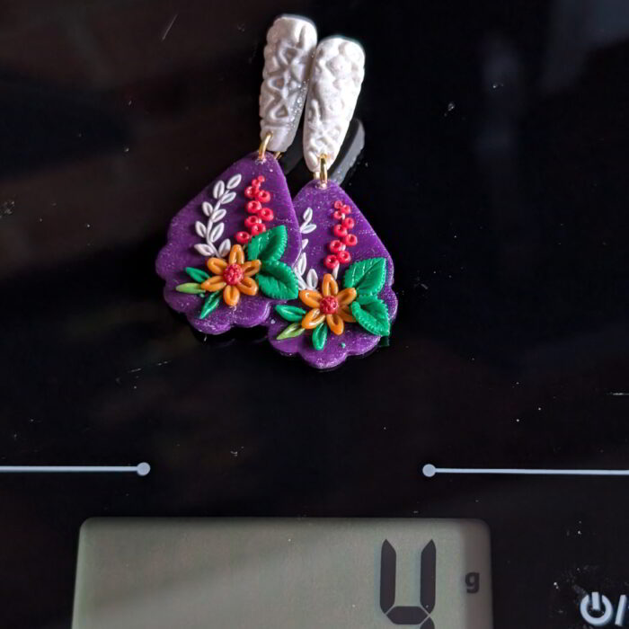 Handmade Floral Teardrop Earrings with textured white stud, purple base, and intricate flower details.