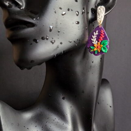 Handmade Floral Teardrop Earrings with textured white stud, purple base, and intricate flower details.