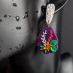 Handmade Floral Teardrop Earrings with textured white stud, purple base, and intricate flower details.