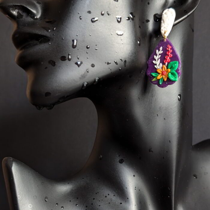 Handmade Floral Teardrop Earrings with textured white stud, purple base, and intricate flower details.