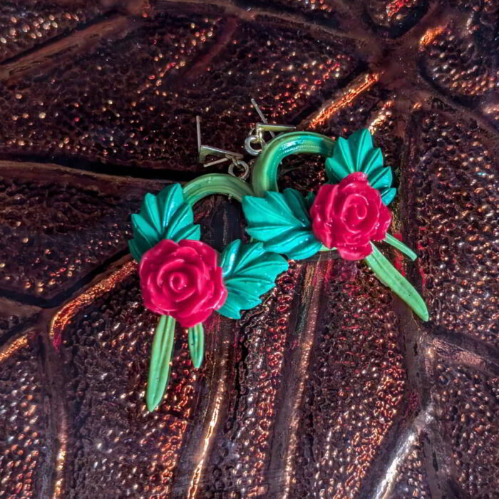 Red Rose Vine Hoop Earrings with green leaves and vine design