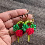 Red Rose Vine Hoop Earrings with green leaves and vine design