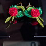 Red Rose Vine Hoop Earrings with green leaves and vine design